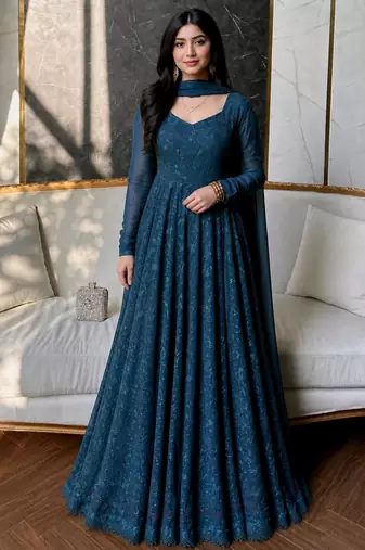 teal blue georgette embroidered plus size anarkali gown set