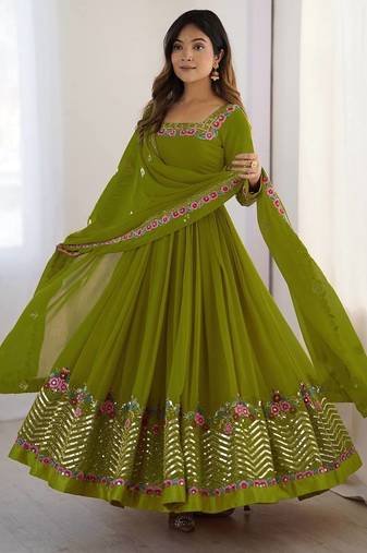 Mehendi Green Heavy Georgette Anarkali Set with Multi-Thread Sequence Work