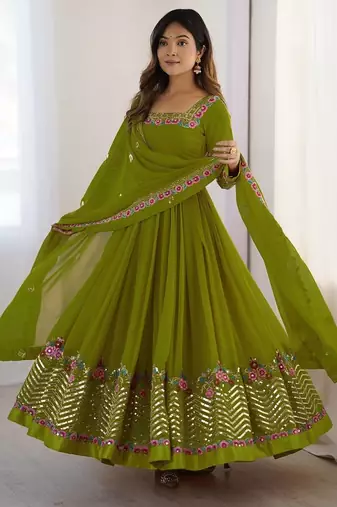 Mehendi Green Heavy Georgette Anarkali Set with Multi-Thread Sequence Work