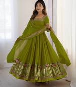 Mehendi Green Heavy Georgette Anarkali Set with Multi-Thread Sequence Work