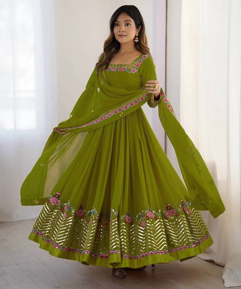 Mehendi Green Heavy Georgette Anarkali Set with Multi-Thread Sequence Work