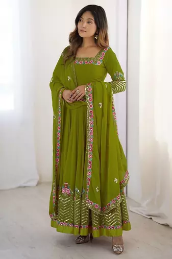 Mehendi Green Heavy Georgette Anarkali Set with Multi-Thread Sequence Work
