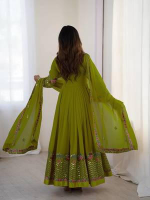 Mehendi Green Heavy Georgette Anarkali Set with Multi-Thread Sequence Work 4