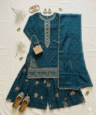 teal blue georgette embroidered kurta with flared sharara & dupatta set 5