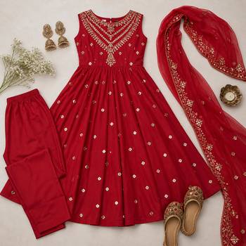 red silk blend embroidered anarkali gown set with dupatta 5