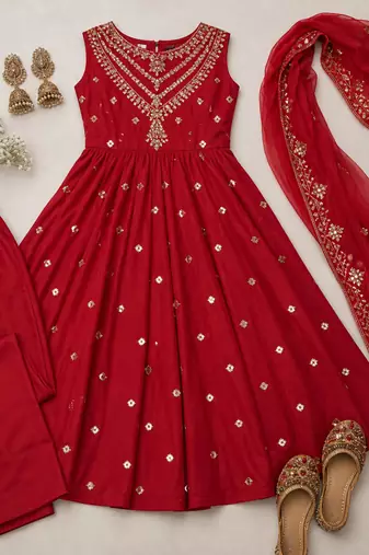 red silk blend embroidered anarkali gown set with dupatta
