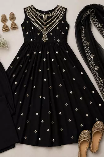 black silk blend embroidered anarkali gown set with dupatta