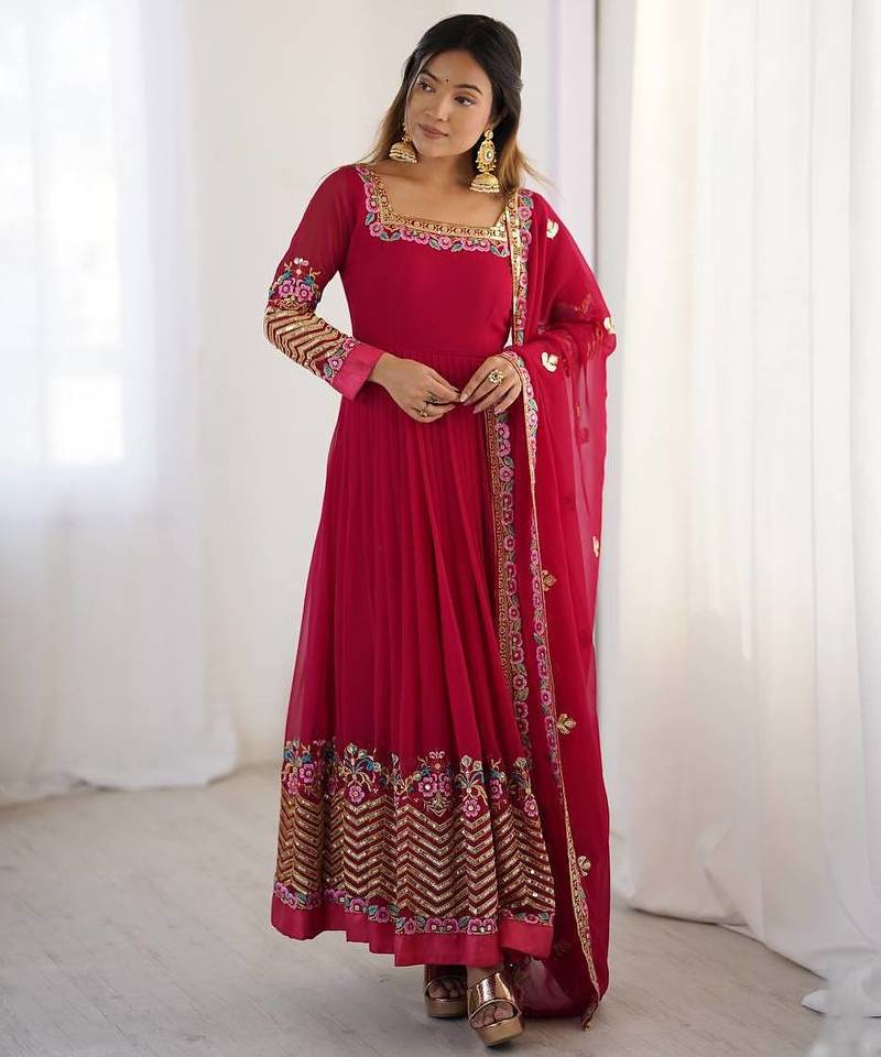 Pink Heavy Georgette Anarkali Set with Multi-Thread Sequence Work