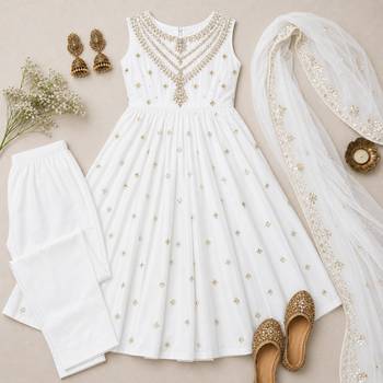 white silk blend embroidered anarkali gown set with dupatta 2