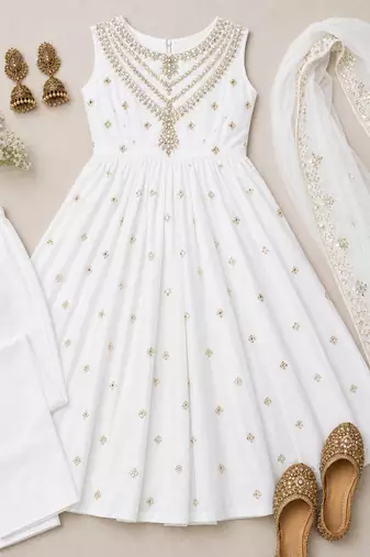 white silk blend embroidered anarkali gown set with dupatta