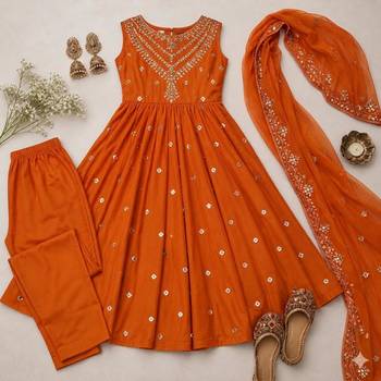 dark orange silk blend embroidered anarkali gown set 2
