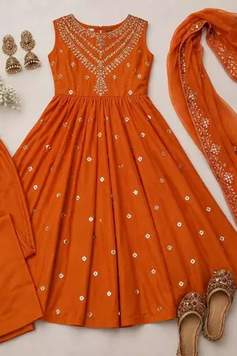 dark orange silk blend embroidered anarkali gown set