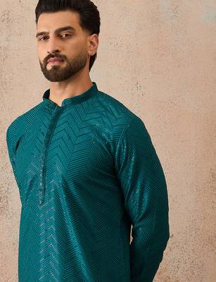 Mens turquoise blue rayon embroidered solid straight kurta with trousers 1