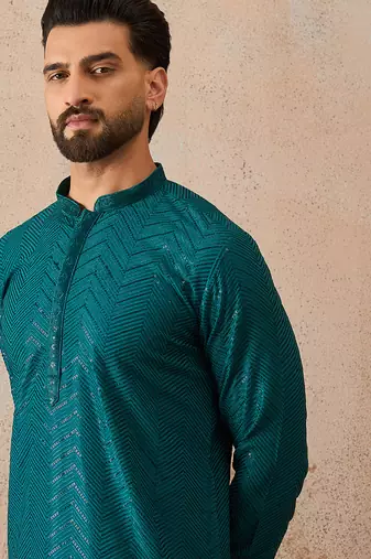 Mens turquoise blue rayon embroidered solid straight kurta with trousers