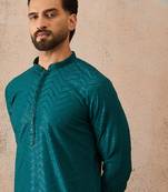 Mens turquoise blue rayon embroidered solid straight kurta with trousers