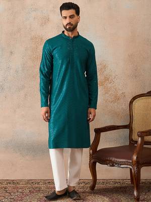 Mens turquoise blue rayon embroidered solid straight kurta with trousers 2