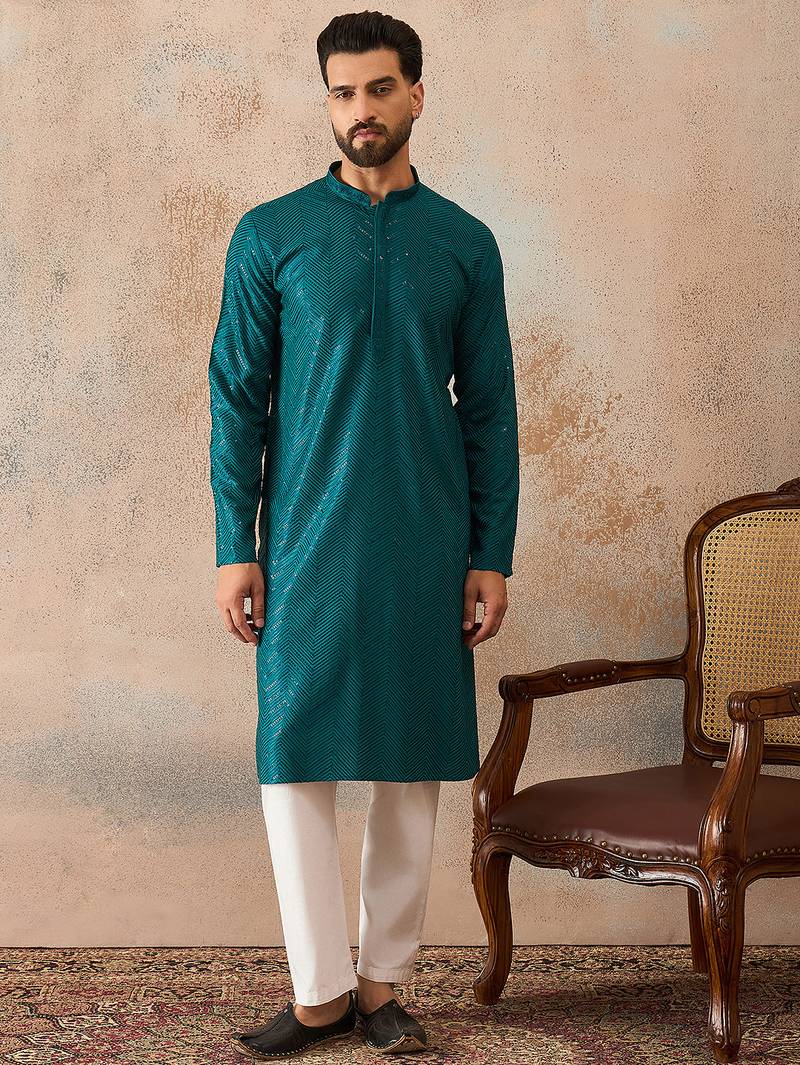 Mens turquoise blue rayon embroidered solid straight kurta with trousers