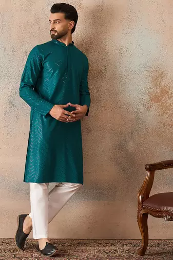 Mens turquoise blue rayon embroidered solid straight kurta with trousers