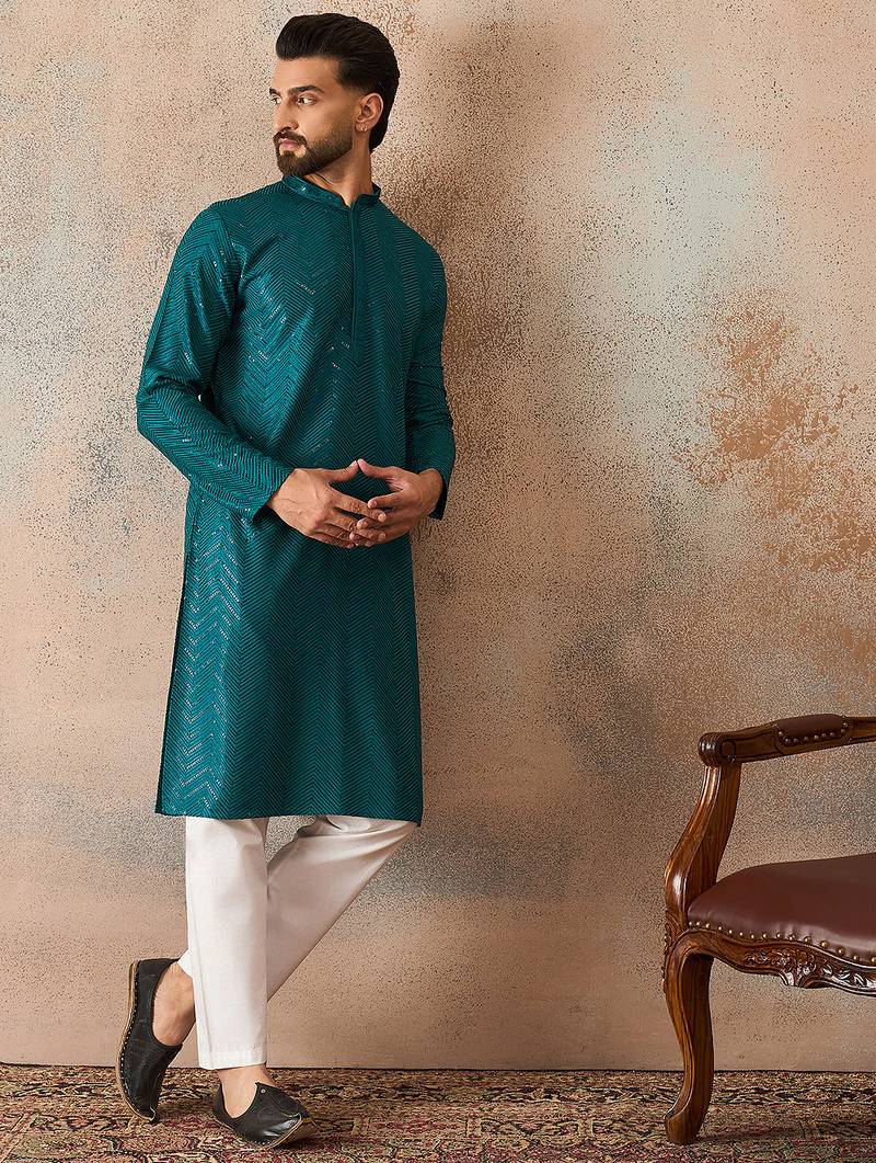 Mens turquoise blue rayon embroidered solid straight kurta with trousers