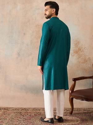 Mens turquoise blue rayon embroidered solid straight kurta with trousers 4