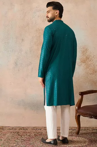 Mens turquoise blue rayon embroidered solid straight kurta with trousers