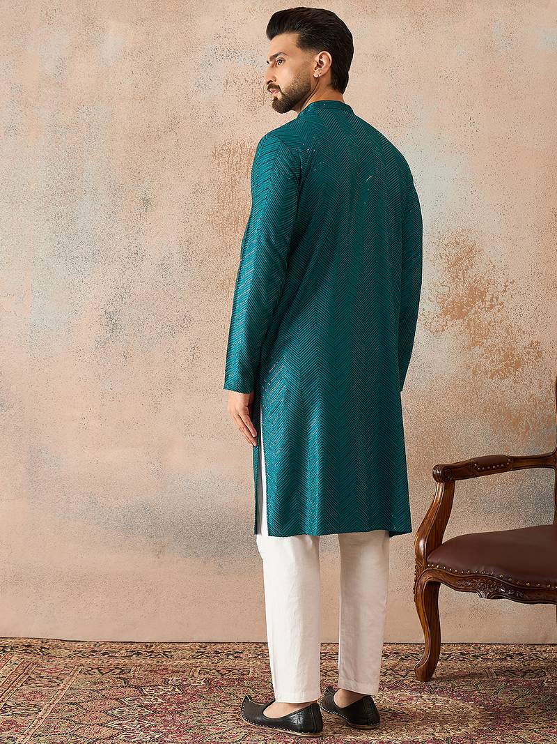 Mens turquoise blue rayon embroidered solid straight kurta with trousers