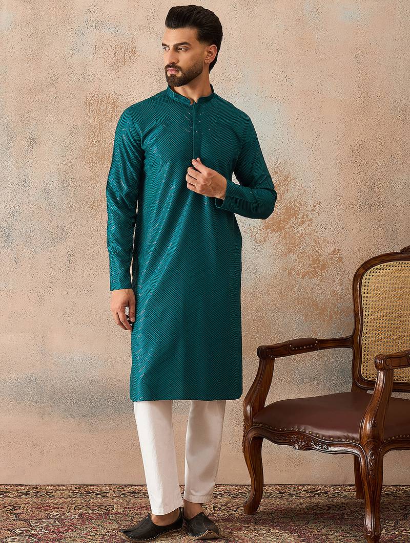 Mens turquoise blue rayon embroidered solid straight kurta with trousers