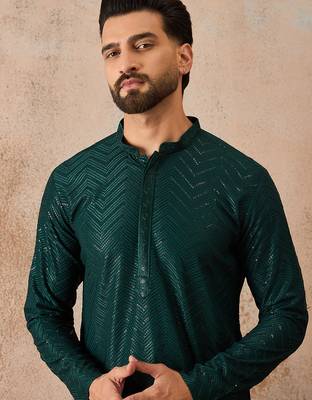 Mens green rayon embroidered solid straight kurta with trousers 1