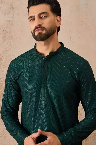 Mens green rayon embroidered solid straight kurta with trousers