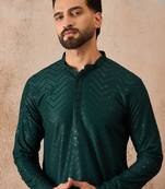 Mens green rayon embroidered solid straight kurta with trousers