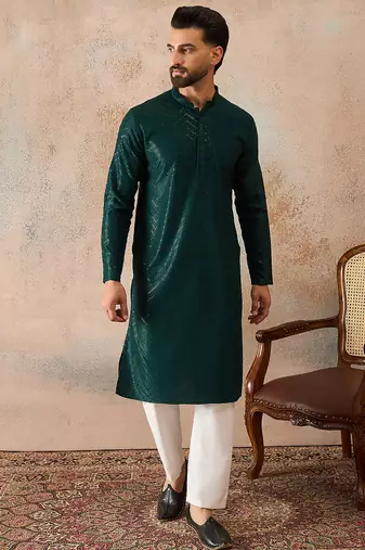 Mens green rayon embroidered solid straight kurta with trousers