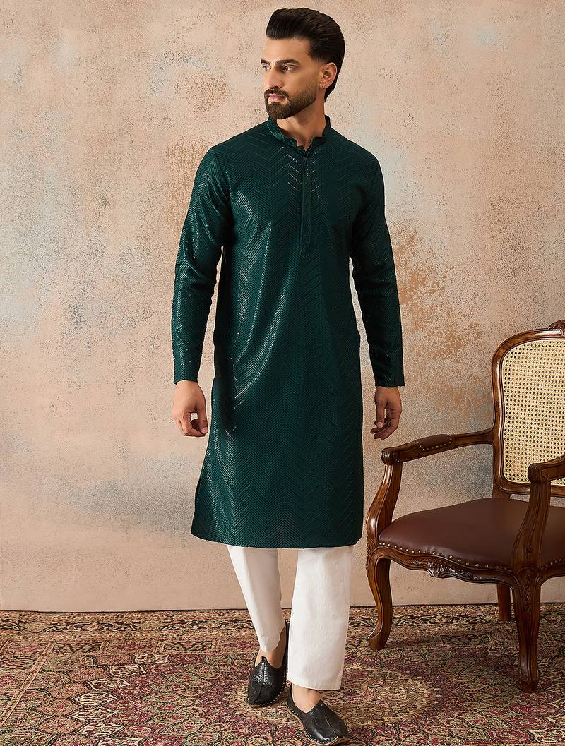 Mens green rayon embroidered solid straight kurta with trousers