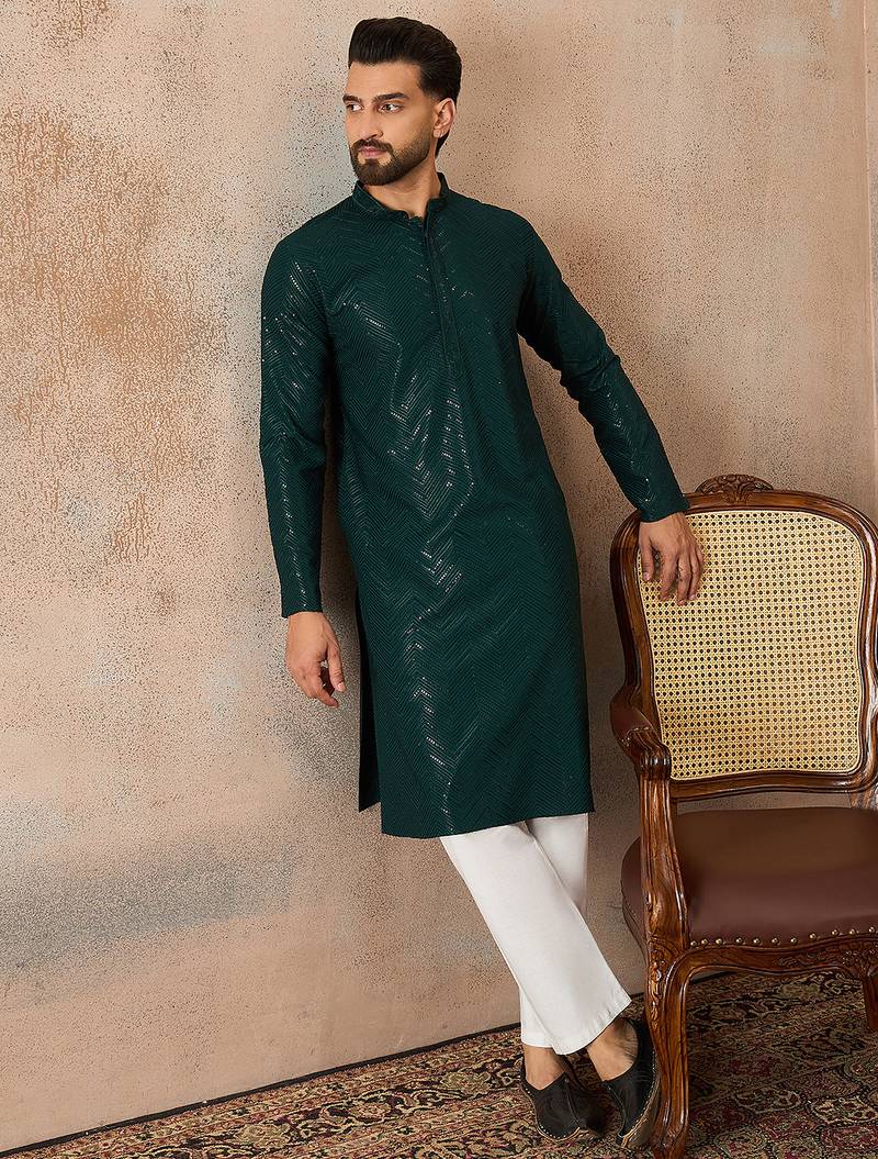 Mens green rayon embroidered solid straight kurta with trousers