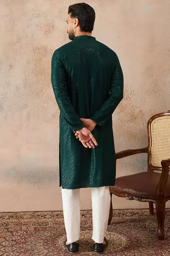 Mens green rayon embroidered solid straight kurta with trousers
