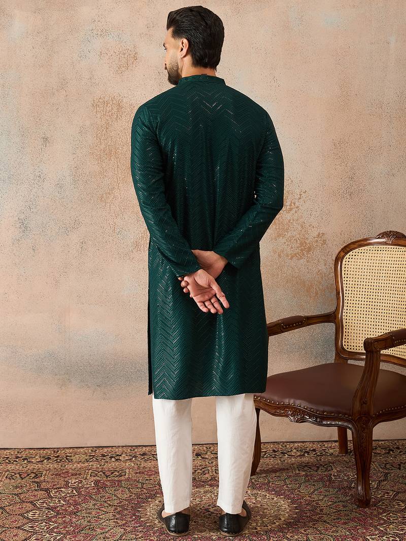 Mens green rayon embroidered solid straight kurta with trousers