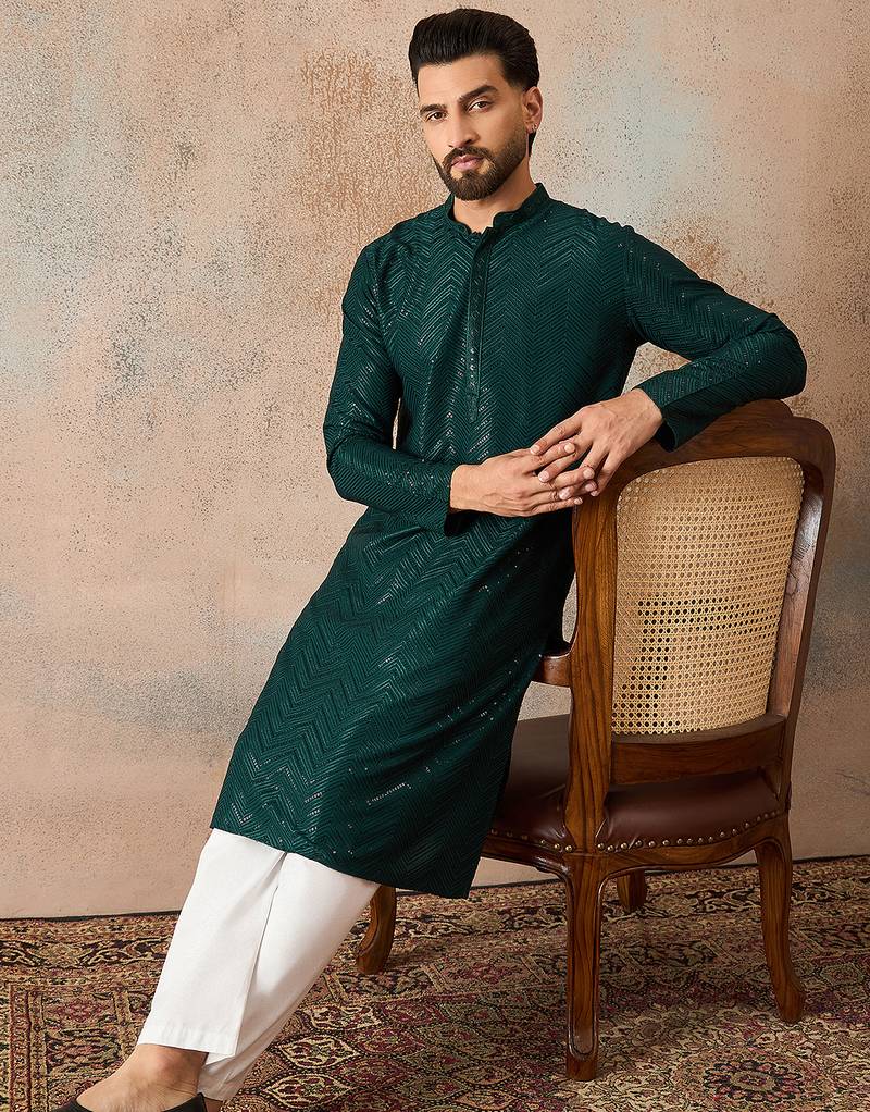 Mens green rayon embroidered solid straight kurta with trousers