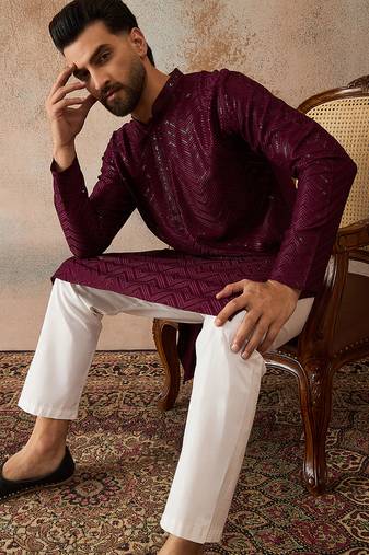 Mens purple rayon embroidered solid straight kurta with trousers