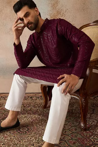 Mens purple rayon embroidered solid straight kurta with trousers