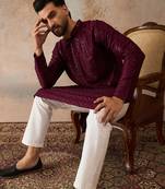 Mens purple rayon embroidered solid straight kurta with trousers