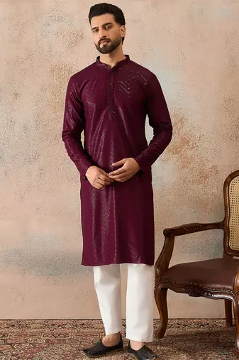 Mens purple rayon embroidered solid straight kurta with trousers