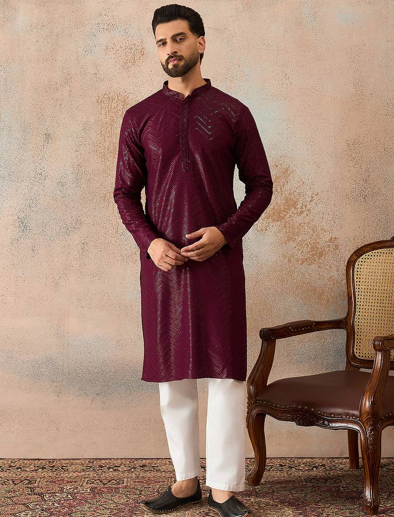 Mens purple rayon embroidered solid straight kurta with trousers