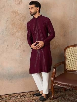 Mens purple rayon embroidered solid straight kurta with trousers 3