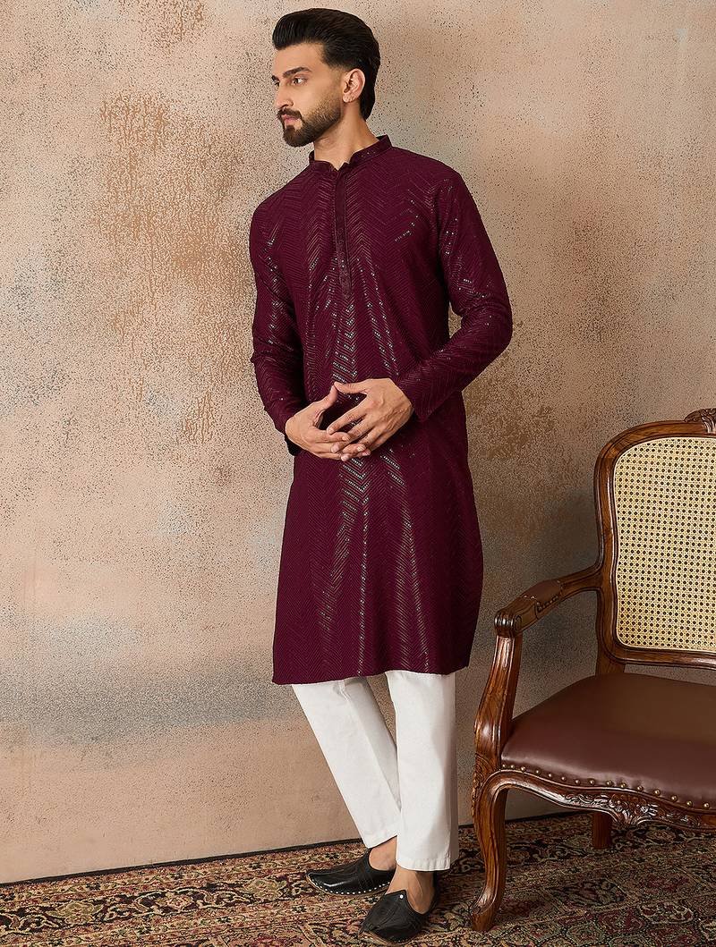 Mens purple rayon embroidered solid straight kurta with trousers