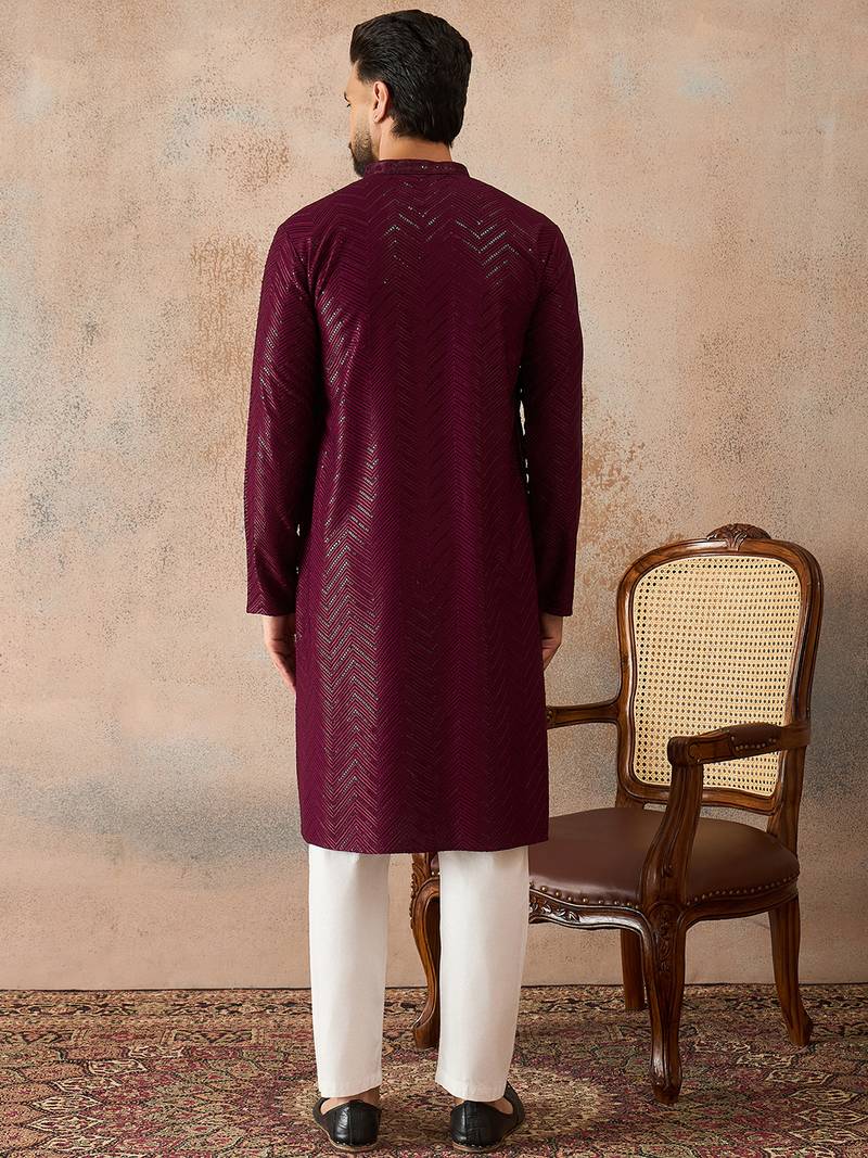 Mens purple rayon embroidered solid straight kurta with trousers