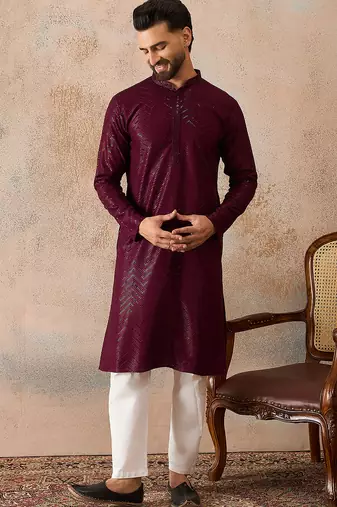 Mens purple rayon embroidered solid straight kurta with trousers