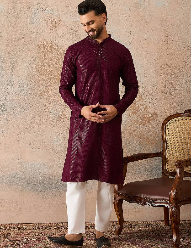 Mens purple rayon embroidered solid straight kurta with trousers