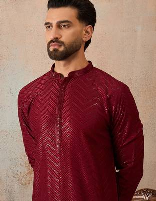 Mens maroon rayon embroidered solid straight kurta with trousers 1