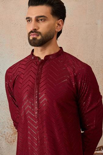Mens maroon rayon embroidered solid straight kurta with trousers