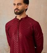 Mens maroon rayon embroidered solid straight kurta with trousers