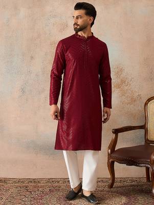 Mens maroon rayon embroidered solid straight kurta with trousers 2